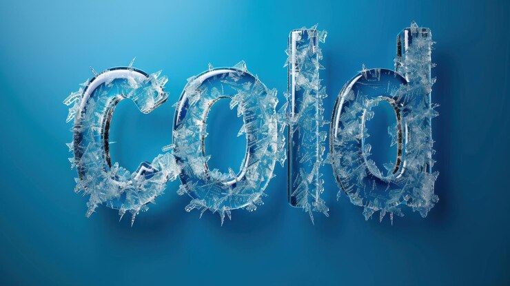 Foto texto frío cubierto de helada y hielo sobre un fondo azul perfecto para el frío invernal y temas relacionados con la temperatura