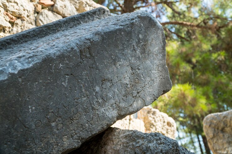 Foto texto griego tallado en piedras antiguas de phaselis ruinas antigua ciudad griega en la costa de antalia, turquía
