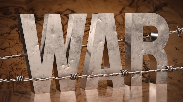 El texto de guerra y el alambre de púas en el mapa imagen 3d renderingxA
