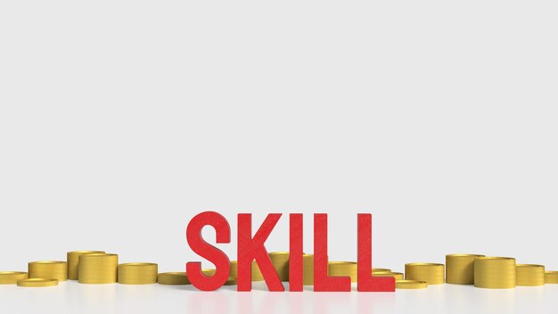 El texto de la habilidad y las monedas para el entrenamiento o el concepto de aprendizaje de renderización 3D