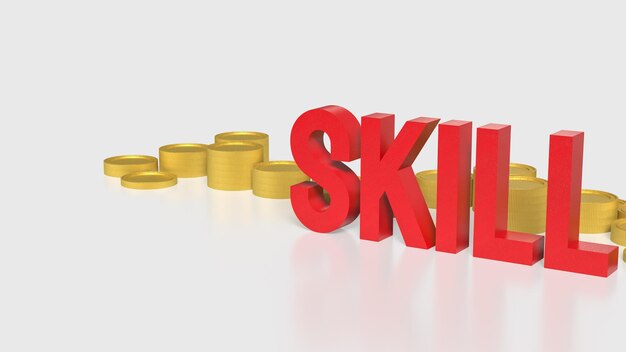 El texto de la habilidad y las monedas para el entrenamiento o el concepto de aprendizaje de renderización 3D