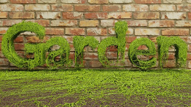 Texto de hiedra verde jardín que crece sobre fondo de pared de ladrillo. Representación 3d