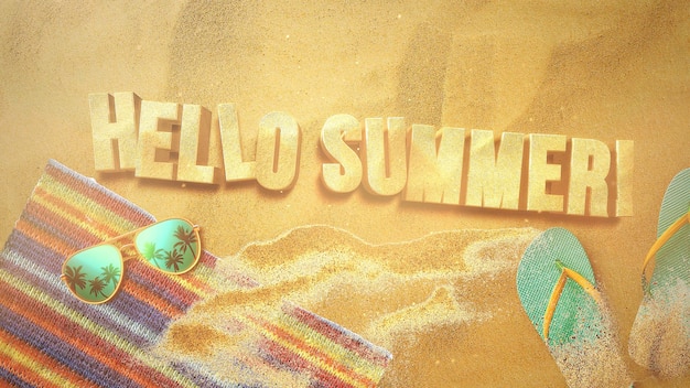 Texto Hola verano y playa de arena de primer plano con sandalia y gafas, fondo de verano. Ilustración 3D de estilo retro elegante y lujoso de los años 80 para publicidad y tema promocional