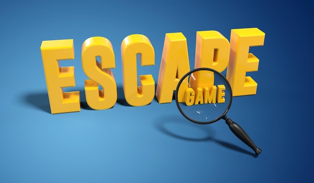 texto de juego de escape con una lupa que hace zoom en la palabra juego