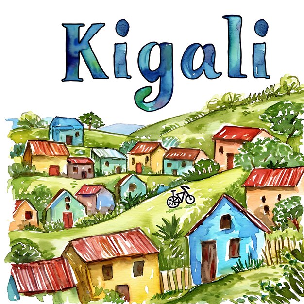 Foto texto de kigali con tipografía divertida dibujada a mano estilo de diseño colección de artes paisajes de acuarela