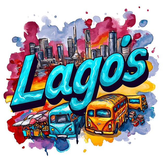 Texto de Lagos con diseño atrevido de estilo graffiti en el centro de la colección de artes paisajísticas en acuarela