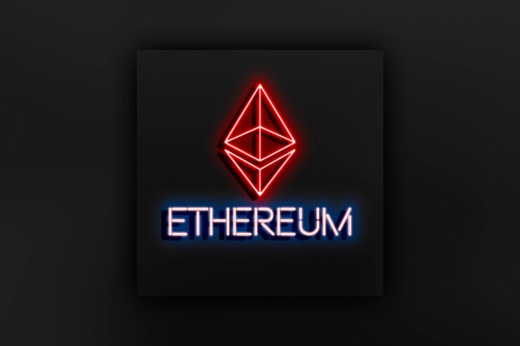 Foto el texto y el logotipo de ethereum letrero de neón en la pared concepto abstracto de moneda criptográfica