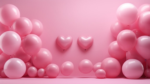 Un texto de LOVE de fondo rosa con globos en los lados