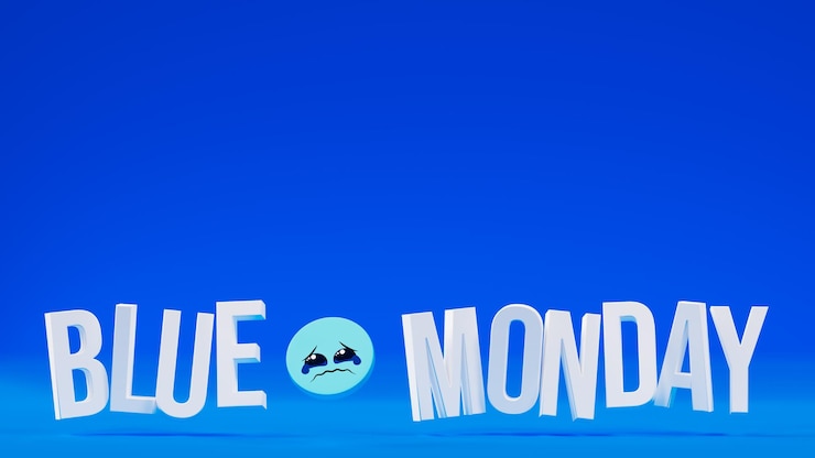 Foto texto de lunes azul junto a la cara triste en la parte inferior de la imagen, tema de depresión y aburrimiento, representación 3d