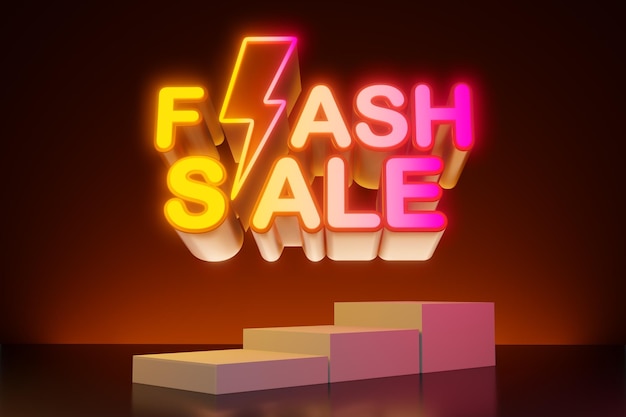 Texto de luz de neón de venta flash con representación 3d de pantalla vacía