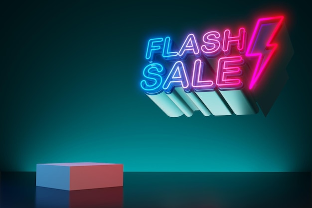 Texto de luz de neón de venta flash con representación 3d de pantalla vacía