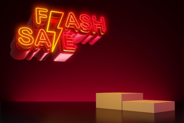 Foto texto de luz de neón de venta flash con representación 3d de pantalla vacía