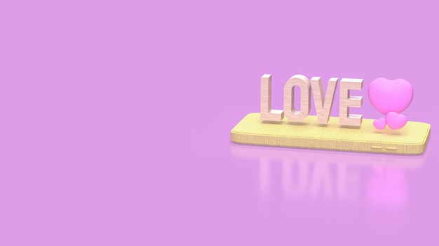El texto de la madera del amor y el corazón rosa en el móvil para el concepto de romance 3d Rendering