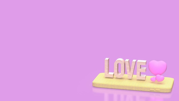 El texto de la madera del amor y el corazón rosa en el móvil para el concepto de romance 3d Rendering