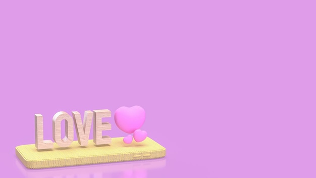 El texto de la madera del amor y el corazón rosa en el móvil para el concepto de romance 3d Rendering