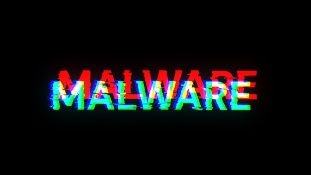 Texto de malware en 3D con efectos de pantalla de fallas tecnológicas