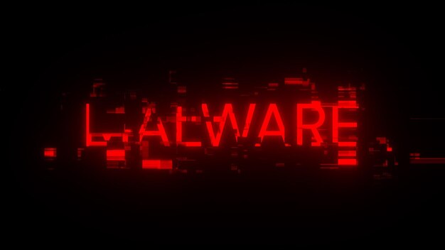 Texto de malware en 3D con efectos de pantalla de fallas tecnológicas