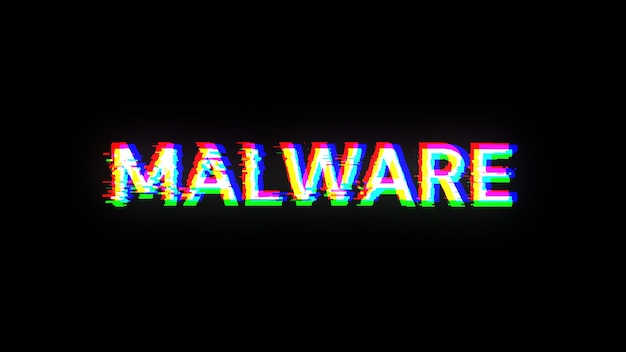 Texto de malware en 3D con efectos de pantalla de fallas tecnológicas