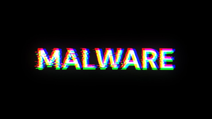 Foto texto de malware en 3d con efectos de pantalla de fallas tecnológicas