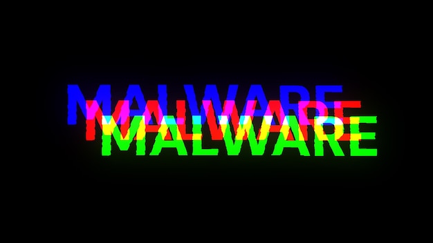 Texto de malware en 3D con efectos de pantalla de fallas tecnológicas