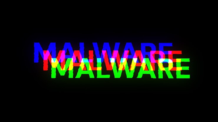 Foto texto de malware en 3d con efectos de pantalla de fallas tecnológicas