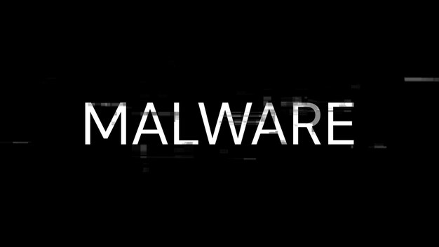 Texto de malware en 3D con efectos de pantalla de fallas tecnológicas