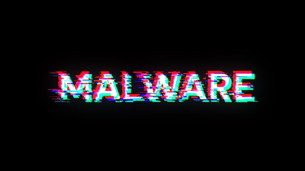 Texto de malware en 3D con efectos de pantalla de fallas tecnológicas