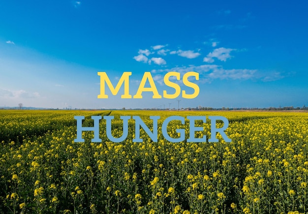Texto MASS HUNGER contra mensagem de campo agrícola desfocada Inflação global da crise alimentar da fome