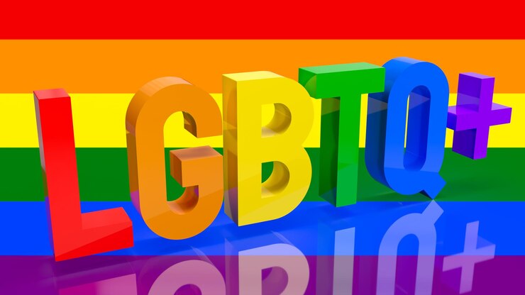Foto el texto multicolor lgbtq + para la representación 3d del concepto transgénero