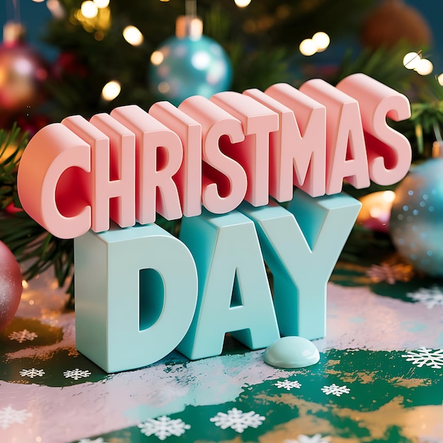Texto en negrita del día de Navidad en un tema navideño hiperrealista en 3D