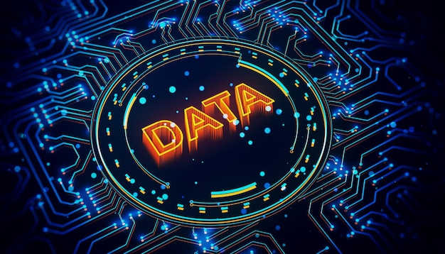 Texto de Neon DATA rodeado de líneas de circuito en fondo oscuro Renderización 3D