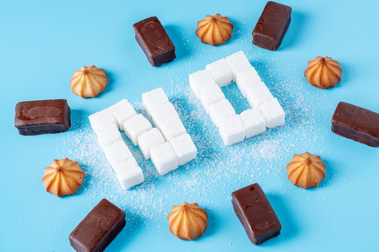 Foto el texto no está recubierto con cubitos de azúcar con dulces y galletas.