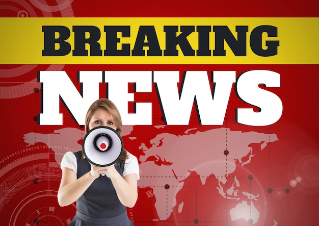 Foto texto de noticias falsas y mujer gritando en megáfono frente al mapa mundial