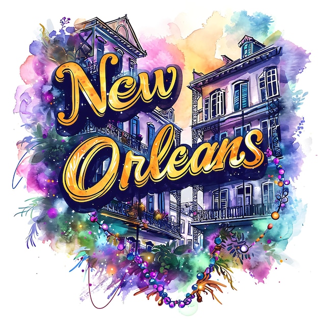 Texto de Nueva Orleans con tipografía ornamentada e inspirada en el jazz Colección de artes paisajísticas en acuarela