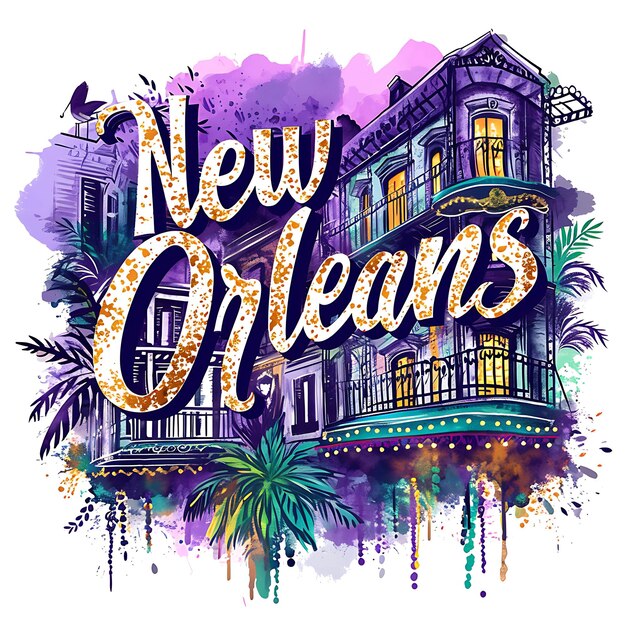 Texto de Nueva Orleans con tipografía ornamentada e inspirada en el jazz Colección de artes paisajísticas en acuarela