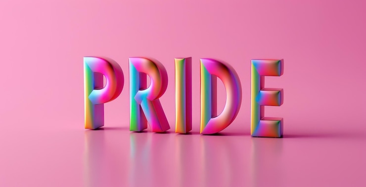 Foto texto de orgullo colorido en letras de arco iris en negrita en un fondo rosado