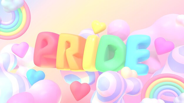 Texto de orgullo de dibujos animados en 3D con corazones arco iris y nubes en el cielo