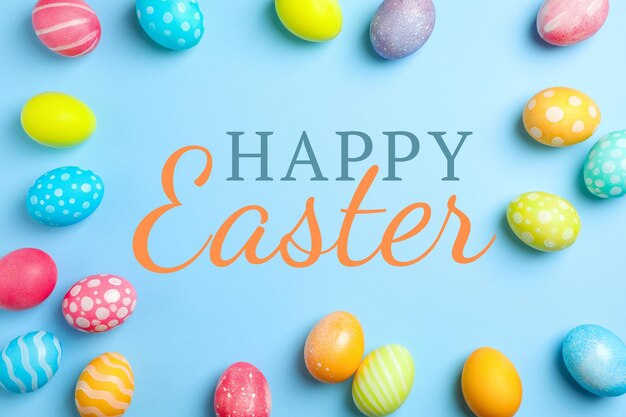 Texto de Pascua Feliz Pascua con huevos sobre un fondo azul
