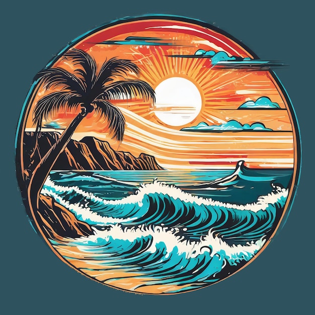 Foto texto de playa de california con olas e ilustraciones vectoriales del sol para impresiones de camisetas y otras