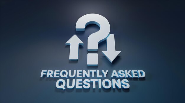 Texto de preguntas frecuentes renderizado en 3D con gran signo de interrogación en el fondo azul gradiente generado por la IA