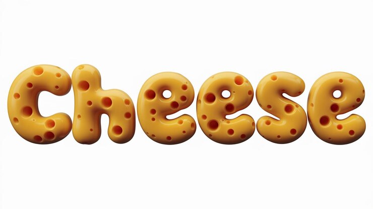 Foto texto de queso en 3d con textura de queso realista diseño de tipografía de alimentos divertidos