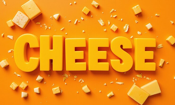 Foto texto de queso en letras amarillas 3d queso suizo