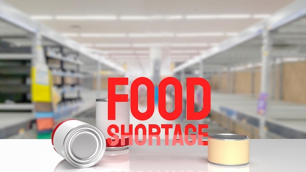 El texto rojo de la escasez de alimentos en la representación 3d de la imagen del estante vacío