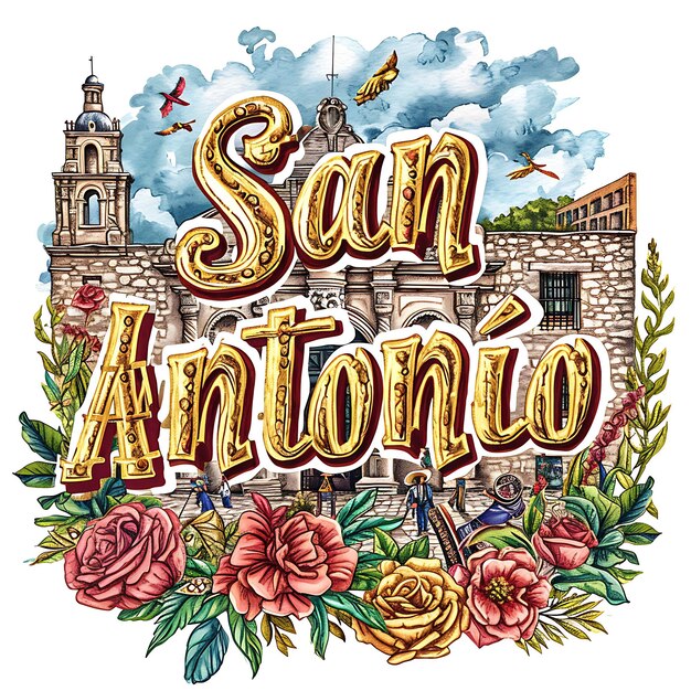Texto de San Antonio con diseño de tipografía de inspiración española Sty Colección de artes paisajísticas en acuarela