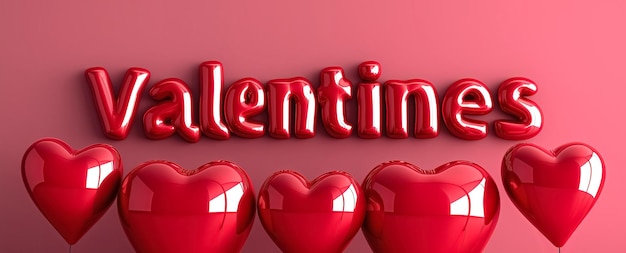 Texto de San Valentín 3D hecho con globos rojos en una pared simple con globos en forma de corazón rojo