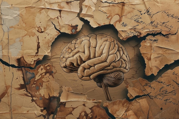 Texto Saúde Mental aparecendo atrás de papel castanho rasgado com cérebro humano desenhado nele