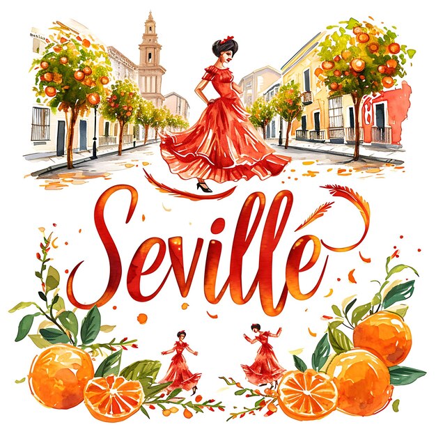 Foto texto de sevilla con extravagante y decorativa colección de artes paisajísticas en acuarela de inspiración española