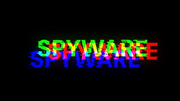 Texto de spyware de representación 3D con efectos de pantalla de fallas tecnológicas