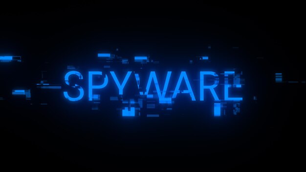 Texto de spyware de representación 3D con efectos de pantalla de fallas tecnológicas
