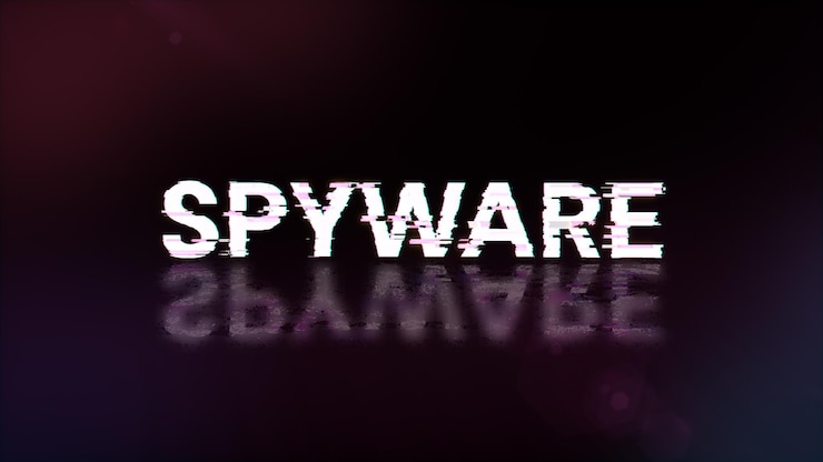Foto texto de spyware de representación 3d con efectos de pantalla de fallas tecnológicas